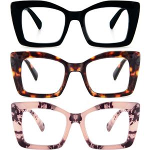 REAVEE Oversized Square Reading Glasses for Women, Blue Light Blocking Large Frame Computer Readers Spring Hinge