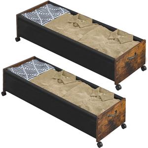 FOUCSSOMEI Under Bed Storage with Wheels, Wooden Under Bed Drawers On Wheels, Rolling Under Bed Shoe Storage, Space Saving,Rustic Brown,80L