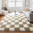 KICMOR Rugs for Living Room, 5x8 Fluffy Soft Beige and Cream White Checkered Shag Area Rug Large Fuzzy Shaggy Bedroom Carpet, Plush Rug for Kids Boys Girls Teen Dorm Nursery Home Decor Aesthetic (5 x 8 Feet, Beige / Cream White)