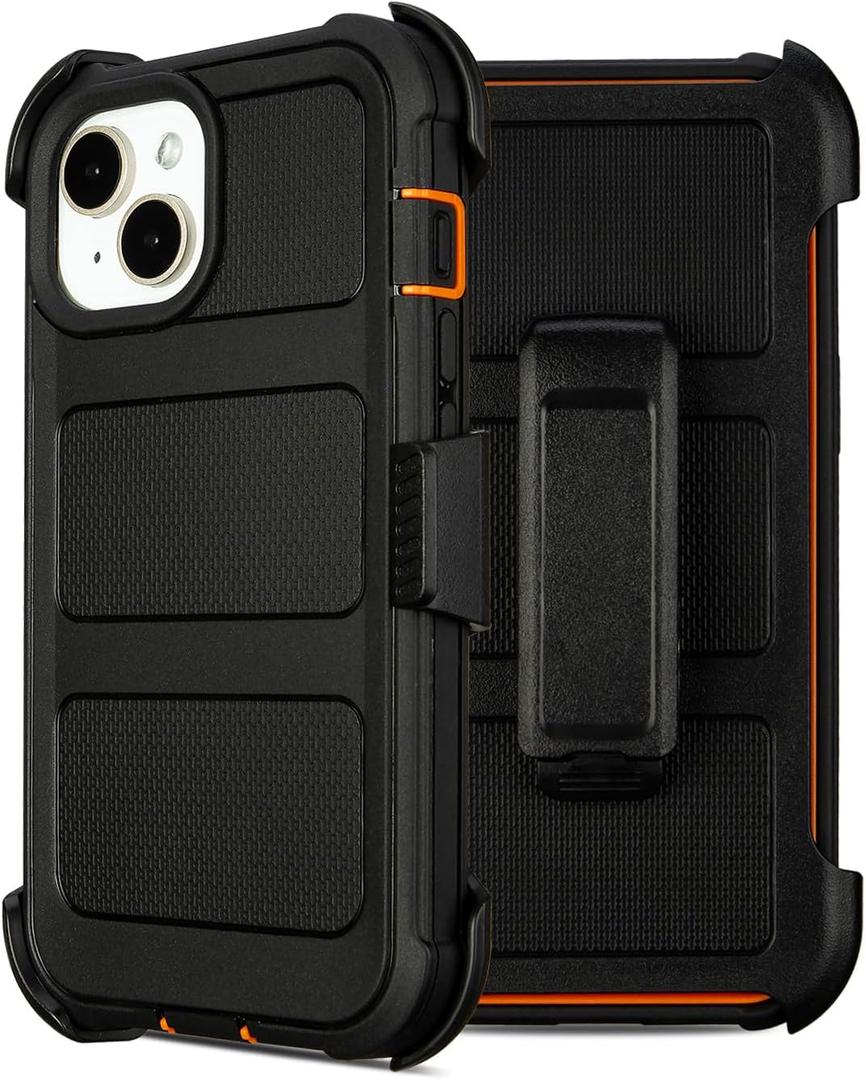 for Defender Phone Case iPhone 13 Case with Belt Clip, for Shockproof iPhone 13 Case Heavy Duty Rugged, 2 Layers of Sturdy for iPhone13 Cases, Military-Grade Cover for iPhone13Case Black & Orange