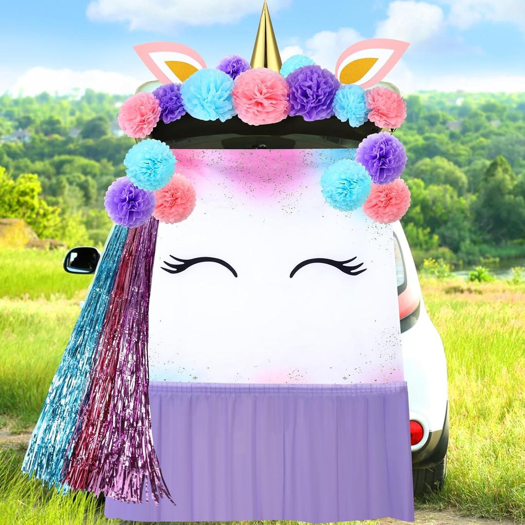17 Pcs Halloween Unicorn Trunk or Treat Car Decoration Kit 59" x 47" Unicorn Backdrop Paper Flower Table Skirt Car Archway Garage Decor for SUV, Door, Car Decorations(Purple,Unicorn)