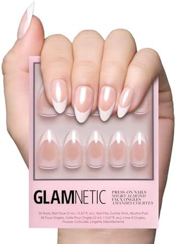 Glamnetic Press On Nails - Mrs. | Short Almond Fake Nails with French Tips and Glossy, Glazed Finish for Weddings, Reusable | 15 Sizes - 30 Nail Kit with Glue