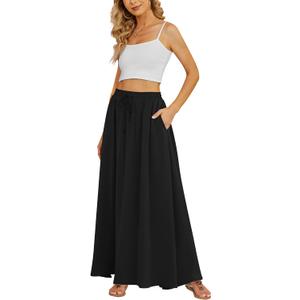 Yincro Women's Flowy Maxi Skirt Summer Pleated High Waisted Casual Long Skirts with Pockets (Black, 2XL)