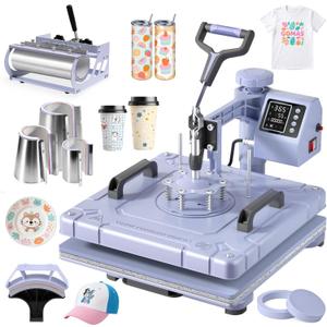 Slendor 8 in 1 Heat Press Machine 15x15 inch 360-Degree Swing Away Digital T Shirt Pressing Machine Multifunction Heat Transfer Sublimation Combo for T Shirts Mugs Hat Plate Cap, Lavender