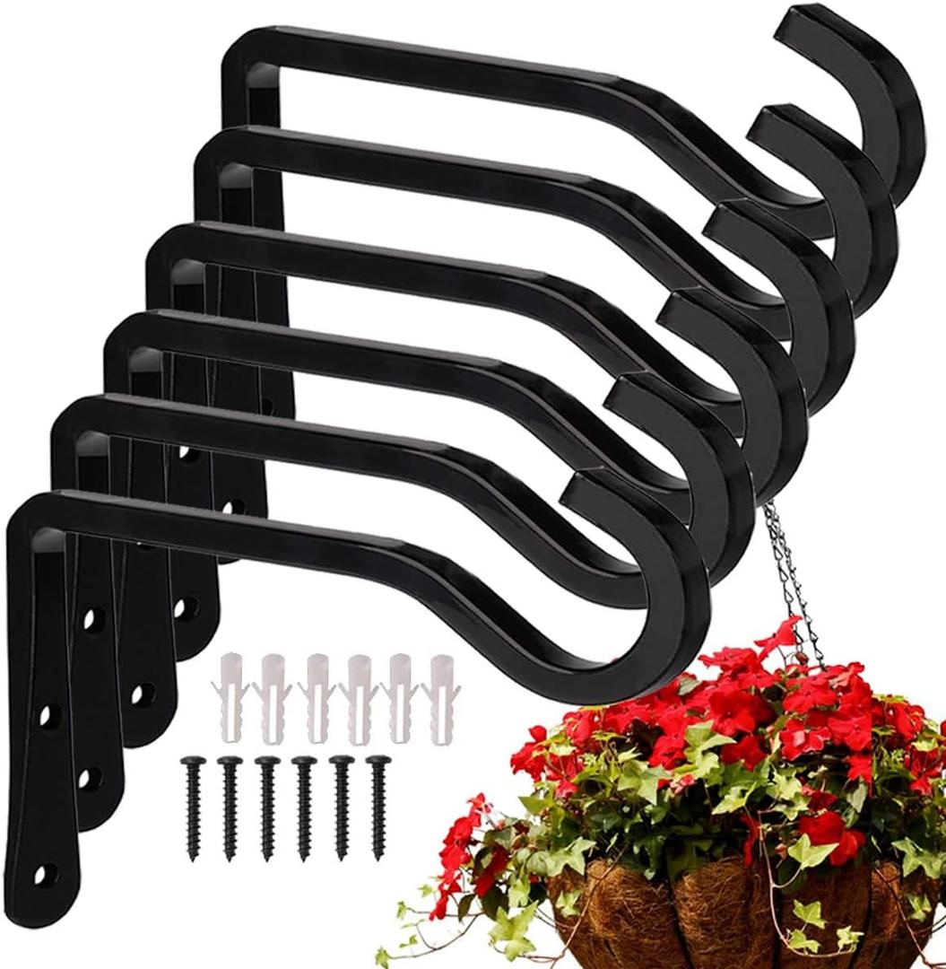 AYSUM Pack of 6 Metal Hanging Brackets, 6 Inch Wall Hooks for Hanging Plants, Bird Feeders, Lanterns, Wind Chimes (Includes Mounting Hardware)