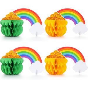 Fullhawl 4 Pcs St Patricks Day Table Decorations St. Patrick's Day Honeycomb Centerpieces Pot of Gold Party Decorations Paper Irish Table Topper for Saint Patrick Party Home Decor (Green and Gold)