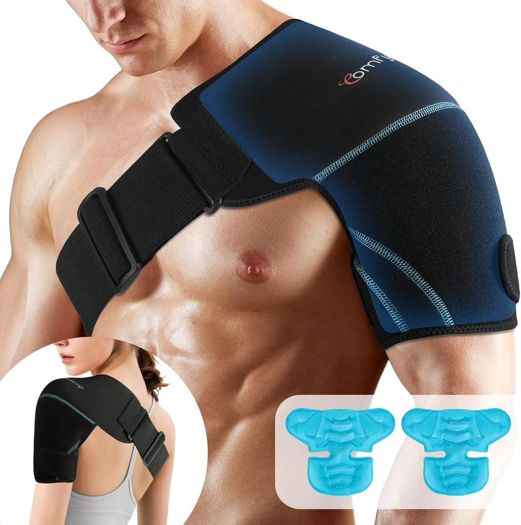 Comfytemp Shoulder Ice Pack Wrap, 2 Gel Packs+1 Shoulder Brace, FSA HSA Eligible, Ice Sleeve for Injuries Reusable, Physical Therapy Cold Compression for Arm Rotator Cuff Pain Relief, Surgery Recovery (Standard)