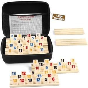 Rummy Cube 6 Player Edition with 6 Wooden Racks/Trays, 160 Large Numbers Rummy Tiles Set with Zippered Case, Rummy Travel Game Set with 6 Tiles Holders - Classic Board Games for Family Adults Kids