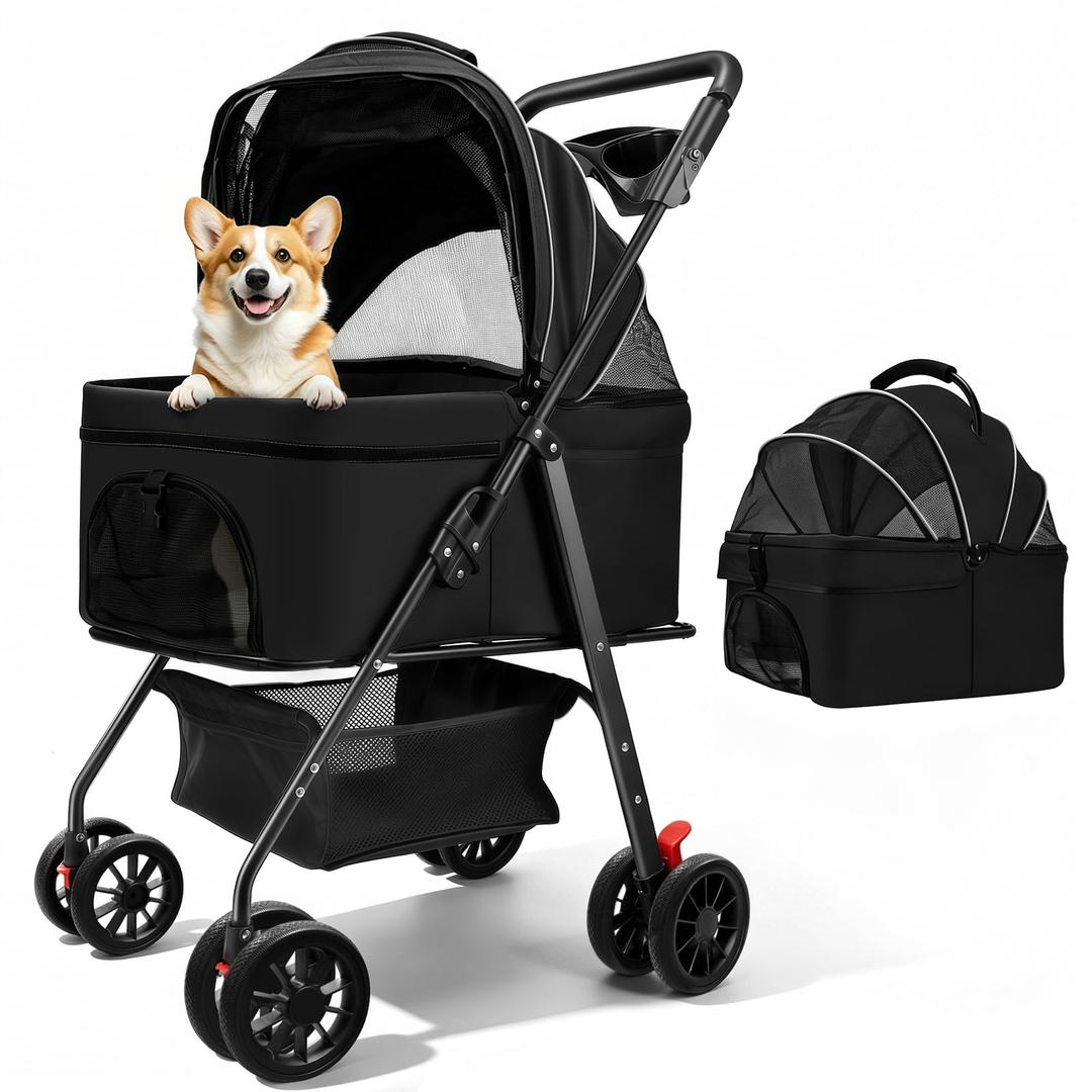 AODI Pet Stroller for Small Dogs and Cats with 4 Wheels, 3 in 1 Foldable Dog Stroller with Detachable Carrier, Breathable Mesh, Storage Basket & Cup Holder, Up to 33 lbs