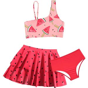 RAISEVERN Girls Swimsuit 3 Piece Bathing Suits Cute Quick Dry Bikini Tankini Sets with Cover Ups Beach Skirt for 7-8 Years
