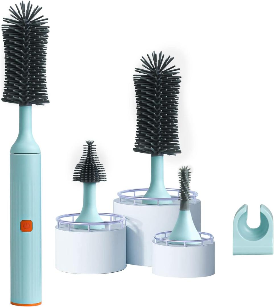 Electric Baby Bottle Brush Cleaner Set with Rechargeable Automatic Brush & Silicone Nipple/Straw Cleaners, Newborn Bottle Cleaning Kit - Perfect (Blue)