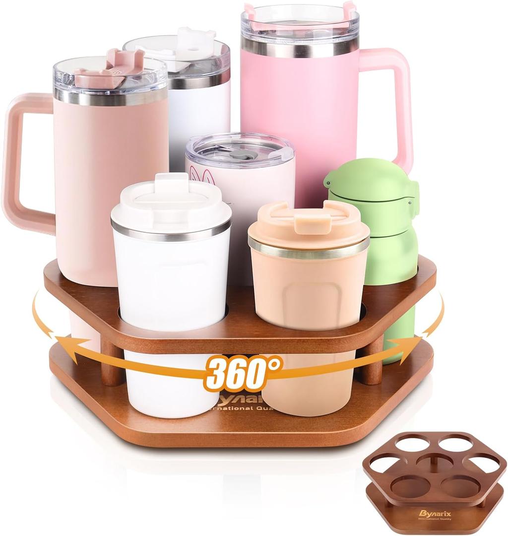 Water Bottle Organizer for Stanley 40 oz Tumbler, 7 Slots Rotatable Stanley Cup Organizer for Kitchen Cabinets, Wood Tumbler Organizer Holder for Stanley Cup Accessories Brown