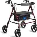 Medline Large Steel Bariatric Rollator Walker with Adjustable Handles, Padded Seat & Backrest, Burgundy, 500 lb. Weight Capacity, Foldable with Storage, 8" Wheels, Rolling Walker For Seniors & Adults