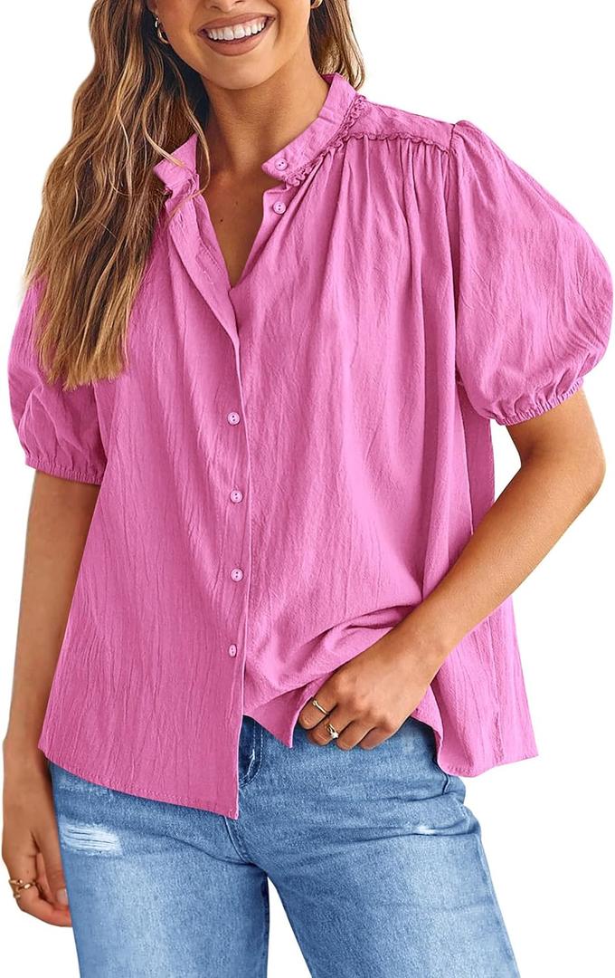 PRETTYGARDEN Women's 2026 Summer Button Down Shirts Short Lantern Sleeve V Neck Cotton Cute Tops Dressy Casual Blouses (M)