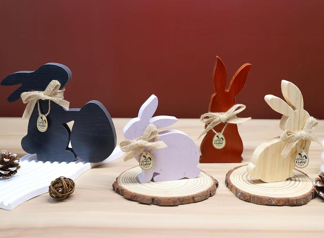 Easter Decorations for Home: 4 pcs Bunny Table Decorotions Wooden Bunny Decorotions Centerpiece Signs with Bow Tie, Sign, Rustic Tiered Tray Decor Farmhouse Bunny Decorations for Table, Vintage Easter Gifts