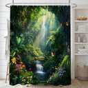 Enchanted Forest Waterfall Shower Curtain Tropical Green Nature Tree Colorful Floral Butterfly Fairytale Wonderland Jungle Rainforest Natural Scenery Bathroom Decor Curtain with Hooks,70Wx70L