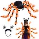 Halloween Giant Spider Costume for Kids Adults, Orange 60 LED Light-Up Spider Candy Backpack with Headband Halloween Party Props and Decorations Battery Required