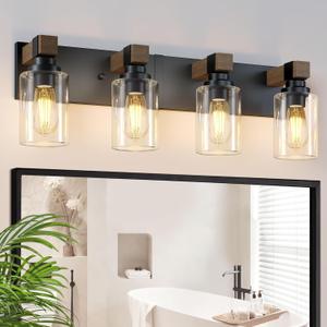 Farmhouse Bathroom Vanity Light Fixtures, Rustic 4-Light Wood Vanity Lights for Bathroom, Vintage Black Wall Sconces Lighting, Light fixtures Over Mirror, with Glass Shade