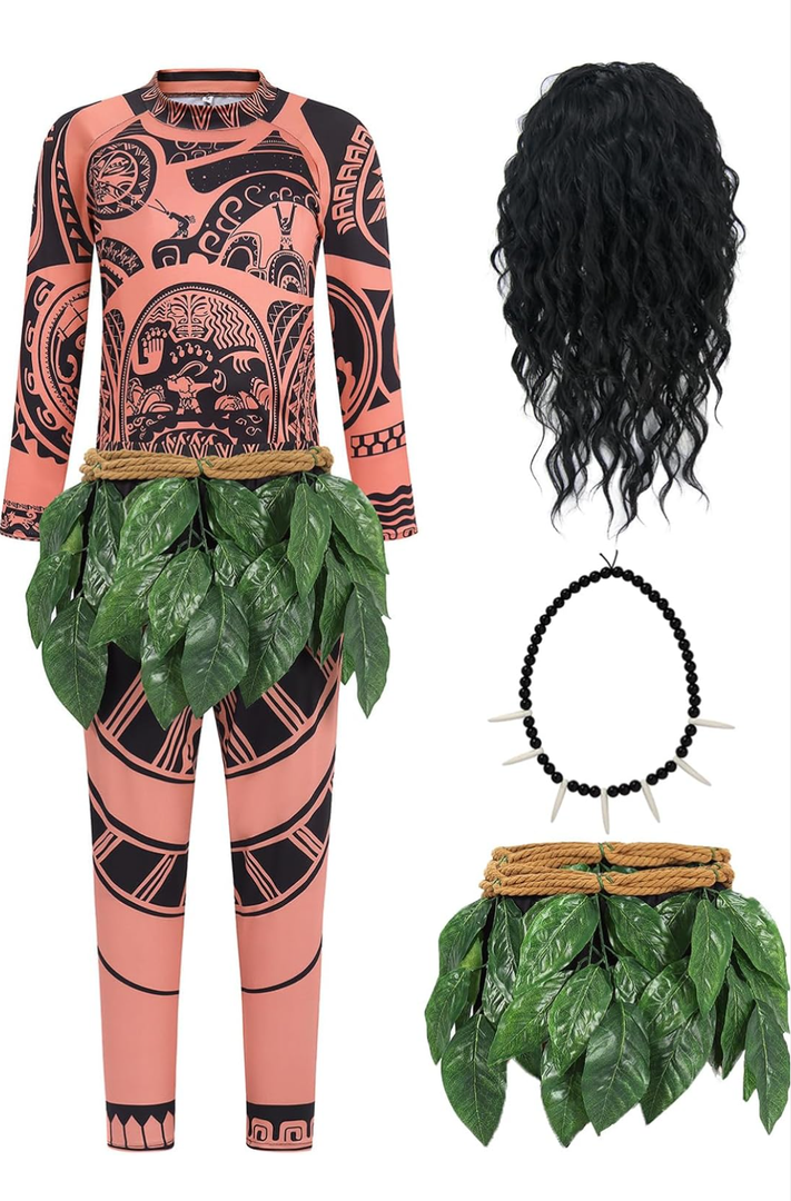 Red Modern Underwater Floral Cotton Mens Costume with Black Wig & Necklace for Adult Males Cosplay, 3XL