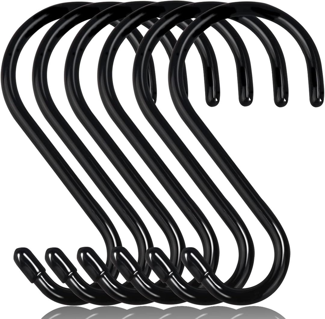 6 Inch Heavy Duty S Hooks, Large S Hook for Hanging Plants, Vinyl Coated S Hook 6 Pack Sturdy Non Slip Black S Hooks for Hanging Closet,Bird Feeders,Kitchen,Large Object,Garden Tools