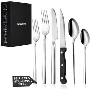 MIAMIO  Cutlery Set Stainless Steel for 6 People / 36-Piece Flatware Set  Includes Knives, Forks, Spoons  Dishwasher Safe (Silver)