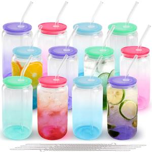 Joyclub 16oz Glass Cups with Acrylic Lids and Straws 12 Set Can Shaped Glass Iced Coffee Cups with Lids, Gradient Drinking Glasses Cute Tumbler Cup Great for Smoothie Soda Boba Tea Cocktail Beer Gift (12 Pack Gradient Color Bottom)