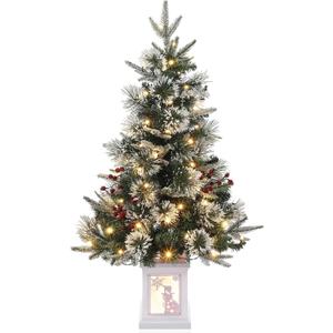 3 ft Christmas Tree, Snowman Base, Fiber Optic Light-Style Artificial Christmas Tree, 78 Led Lights, 8-Mode Battery Box, Red Berry Decorations, Holiday Ready, Easy Installation