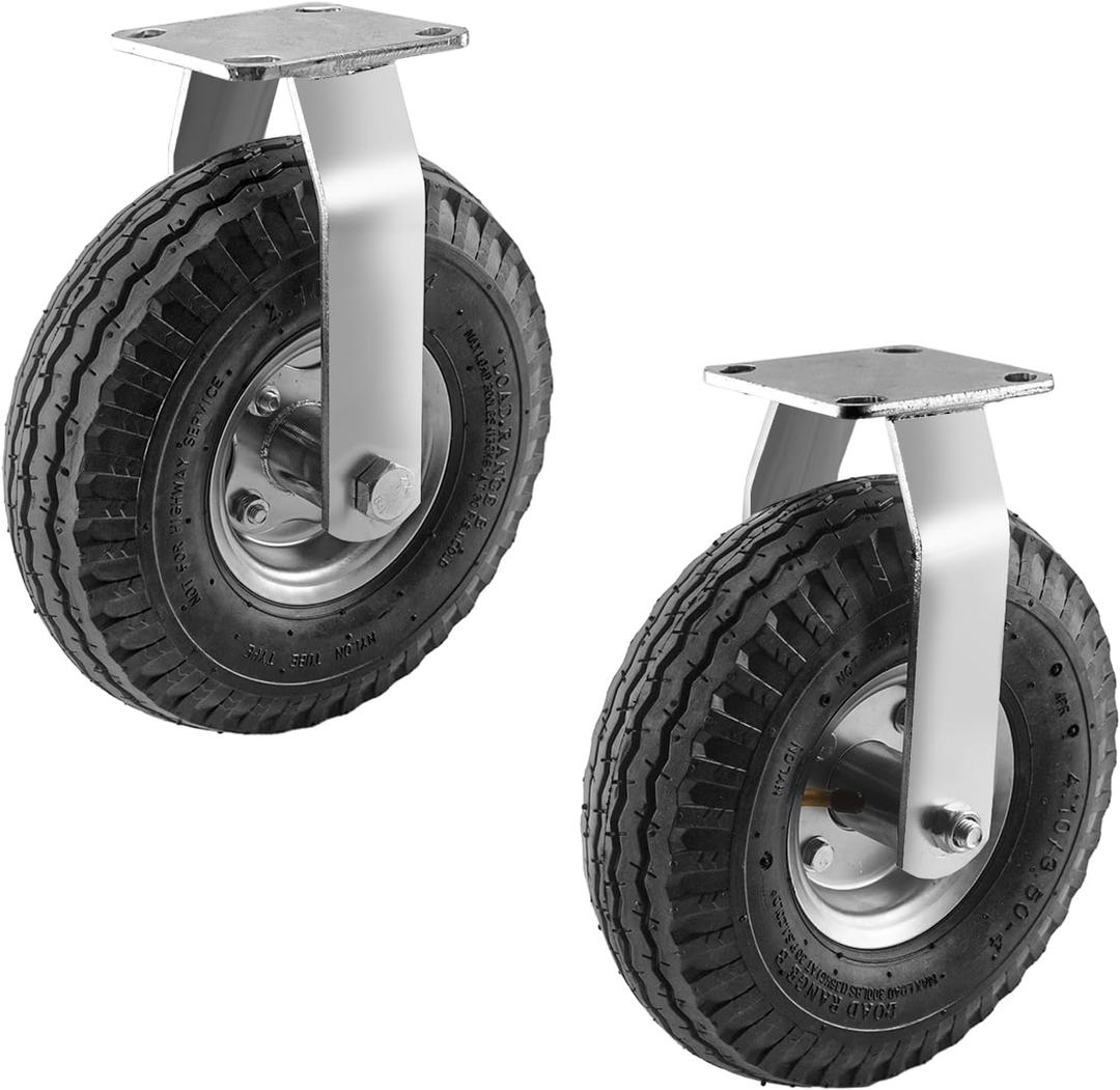 RRQ 10 Inch Caster Wheels, Pneumatic Rigid Caster Wheels with Zinc Top Plate for Cart, Dolly, Trolley, Workbench and Wagon, All Terrain Casters, Black Rubber Wheels, 600 Lbs Total Capacity (2 Pack)
