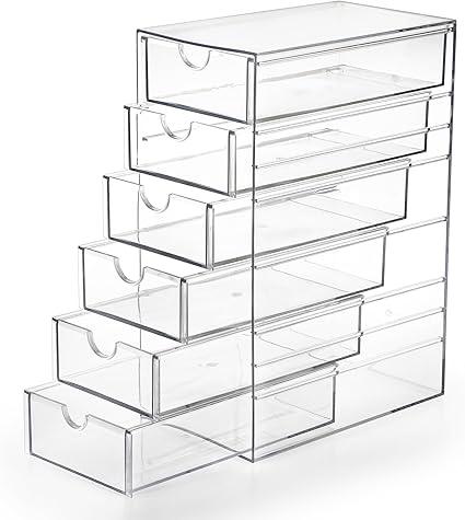 Hipiwe Plastic Drawer Organizer Clear Desktop Drawers Box with 6 Pull Out Drawer Compact Storage Box for Cabinet Vanity Bathroom Bedroom Pantry Shelf Office or Closet Organization, Pack Of 2
