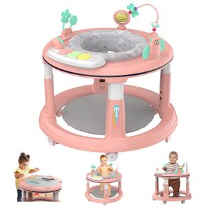 Baby Walker with 5 Adjustable Heights and 360 Degree Swivel Seat - Activity Center for Boys & Girls Babies 7-18 Months, Includes Music, Detachable Toys, Bounce Foot Pad (Pink)