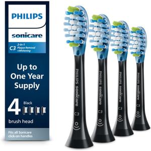 Philips Sonicare C3 Two-in-One - Genuine Replacement Electric Toothbrush Heads, Black, 4 Pack One Year Supply, HX9044/95