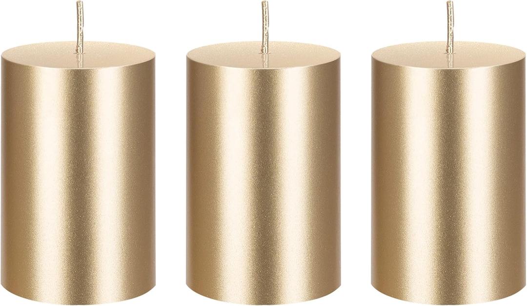 Mega Candles 3 pcs Unscented Solid Gold Pillar Candles, Hand Poured Premium Wax Candle 2 Inch x 3 Inch, Home Dcor, Spas, Weddings, Occasions, Party, Centerpieces, Holidays, Vigils, Prayers