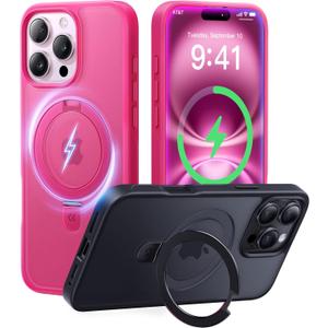 CASEKOO Ultra-Magnetic Stand for iPhone 16 Pro Case [Military Drop Protection] [Compatible with MagSafe] Shockproof Translucent Matte Slim Ring Holder Case for iPhone 16 Pro 6.3", Hot Pink