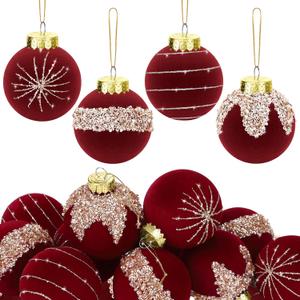 Fovths 12 Pack Velvet Flocked Christmas Tree Balls - 3.15 Inch Plastic Balls - Burgundy