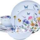 12 Piece Melamine Dinnerware Sets - Plates And Bowls Sets Floral Dinnerware Sets- Spring Camping Dishs Indoor Outdoor Use,Flowers And Butterflies Pattern