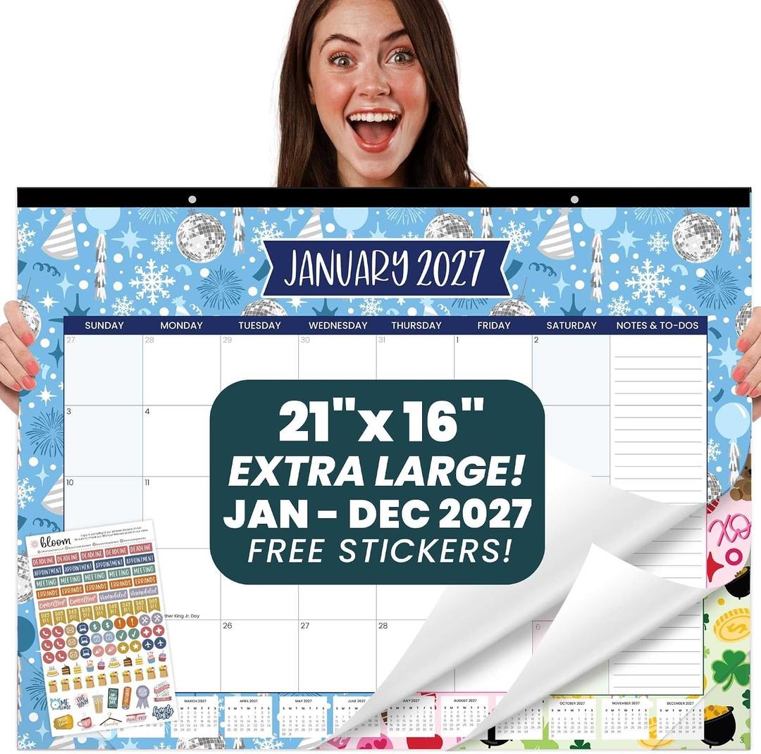 bloom daily planners Desk Calendar 2027 (January - December 2027) - 21” x 16” Large Wall Calendar- XL Desktop & Hanging Monthly Planner with Stickers for Home or Office - Holiday Icons