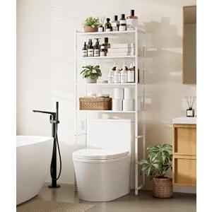 Tujurich 4-Tier Over The Toilet Storage Rack, Bathroom Organizer with One-Piece Metal Mesh Shelves, Over Toilet Shelf with Adjustable Feet & Anti-Tip Kit, Space-Saving Bathroom Storage, White