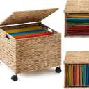 Rolling File Box Organizers, Water Hyacinth Letter/Legal Size File Organizer with Lid and Locking Wheels, Collapsible Hand Woven Hanging Filing Cabinet Box for Office/Home Decor, Natural