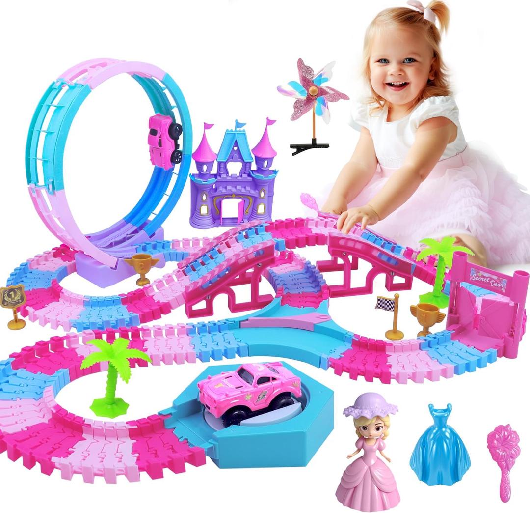 178 PCS Track Toy, Pink Racing Tracks Toys for 3 4 5 6 Year Old Girls, Flexible Tracks Car Magic Bendable Race Track Princess Toys with Light & Music for Toddlers, Kids and Girl Xmas Birthdays Gifts
