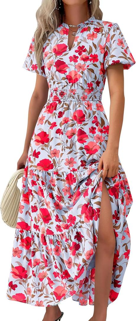 MASCOMODA Summer Maxi Dresses for Women 2025 Casual V Neck Puff Short Sleeve Smocked Flowy Beach Boho Long Floral Dress (Large, F-blue Red Flower)