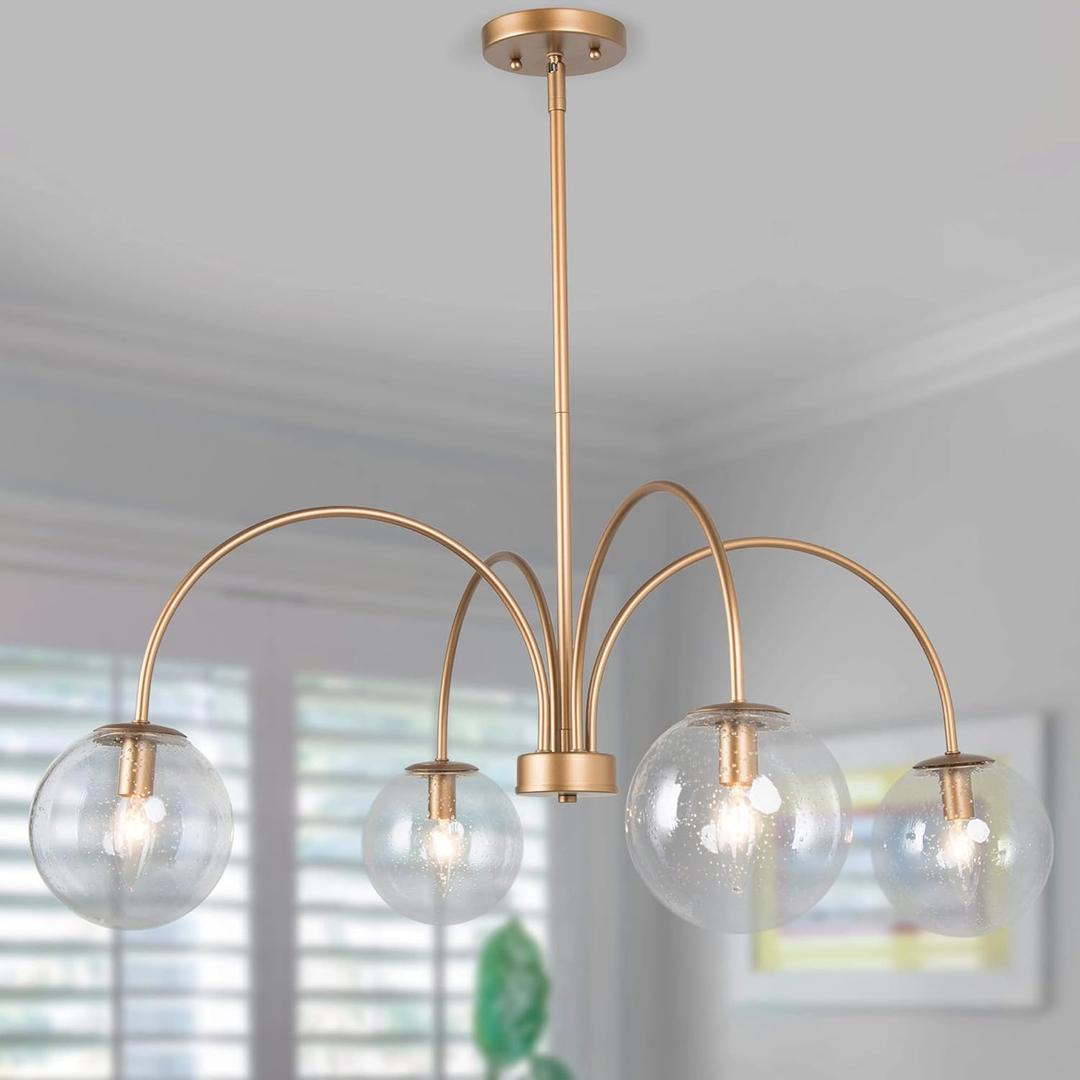 Modern Gold Chandelier, 33’’ Dia Globe Chandeliers for Dining Room with Large Seeded Glass Shades, Mid-Century Pendant Hanging Ceiling Light Fixtures for Living Room, Kitchen, Bedroom