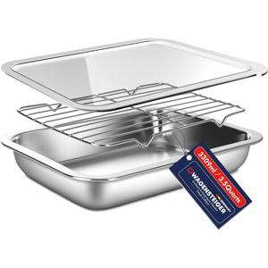 Stainless Steel Food Prep Container Set with Rack & Transparent Lid, Casserole, Bake Pan, Hotel Pan, For Deep Frying Prep/Marination/Oven Roasting/Buffet Party(No.2) (12.6 x 8.66 x 2 inches / 3.5Quarts)
