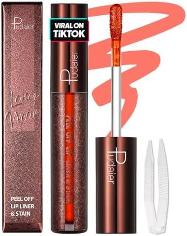 Peel Off Lip Liner Stain with Tweezer, Highly Pigmented Matte Finish Lip Tint Stain Makeup for Women, Long Lasting Waterproof Smudge-Proof Liquid Lipstick for All Skin Types, SUNFLARE #3