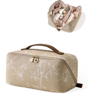 EACHY Travel Makeup Bag,Large Capacity Cosmetic Bags for Women,Waterproof Portable Pouch Open Flat Toiletry Bag Pattern Makeup Bag (F-Brown-Large)