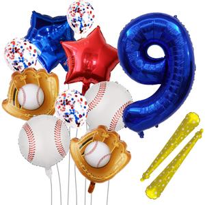 Baseball Balloons 9th Birthday Decorations,32 Inch Blue Num 9 Foil Balloon, Baseball Bat Glove Balloon, Star Confetti Balloons for 9 Year Old Boy Birthday Party Supplies