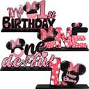 TONIFUL Pink Mouse 1st Birthday Party Supplies 1st Table Centerpieces Pink Mouse Theme Design Sturdy Wooden for Girl ONE Year Old Birthday Favors 1st Birthday Party Decorations(4 Pcs)