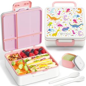 Fimibuke Bento Lunch Box for Kids, Leak Proof Toddler Bento Box with 4 Compartments BPA Free Dishwasher Safe Lunch Container with Utensils, Ideal Portion Sizes for Ages 3-12 Girls Boys for School (A13. White Dinosaur)