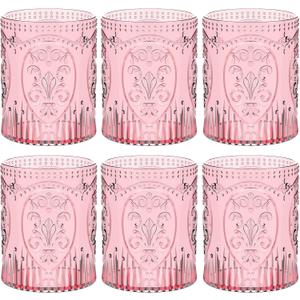 Qinyoung 6 Plastic Vintage Drinking Glasses 8.5oz Stemless Retro Embossed Wine Glasses Shatterproof Reusable Cups for Baby Shower Wedding Reception Grand Event Party (Pink)