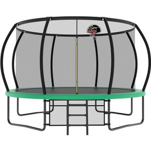 10 12 14 15 16FT Outdoor Trampolines for Kids and Adults, Pumpkin Trampoline with Curved Poles, Recreational Trampoline with Basketball Hoop and Safety Enclosure Net for Kids and Adults (Sage Green)