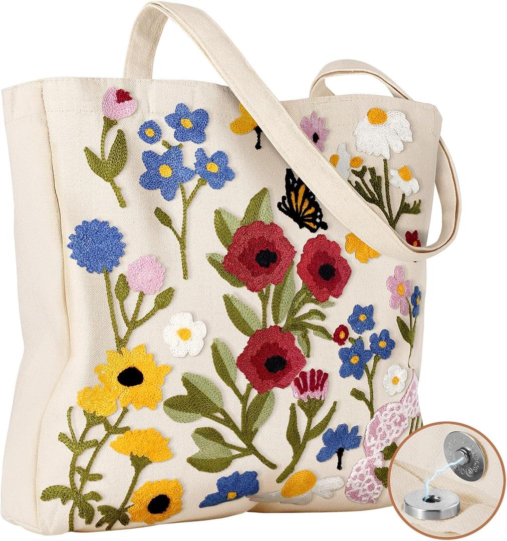 Miss Adola Embroidery Canvas Tote Bag for Women - Reusable Tote with Buckle Aesthetic Cute Shoulder Bag for Shopping, Grocery